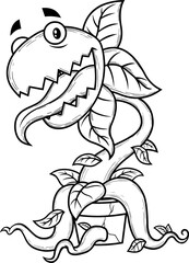 Outlined Hungry Evil Carnivorous Plant Cartoon Character. Vector Hand Drawn Illustration Isolated On Transparent Background