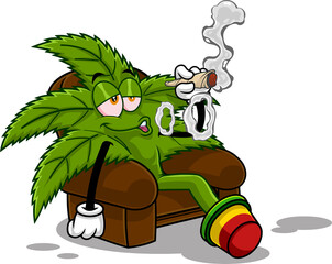 Happy Marijuana Leaf Cartoon Character Smoking A Joint. Vector Hand Drawn Illustration Isolated On Transparent Background