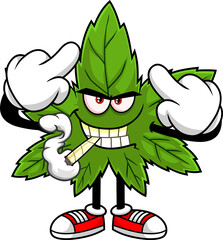 Angry Marijuana Leaf Cartoon Character With A Joint Showing Middle Finger. Vector Hand Drawn Illustration Isolated On Transparent Background