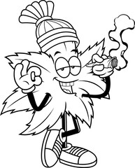 Outlined Happy Marijuana Leaf Cartoon Character With Rastafarian Hat Showing Ok Sign And Smoking A Joint. Vector Hand Drawn Illustration Isolated On Transparent Background