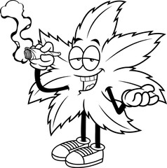 Outlined Funny Marijuana Leaf Cartoon Character Smoking A Joint. Vector Hand Drawn Illustration Isolated On Transparent Background