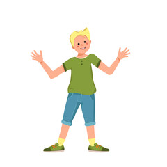 A boy with blond hair and face in a shirt, denim shorts and sneakers smile. Happy child hugs with his hands. Teenager in casual summer clothes.. World International children day