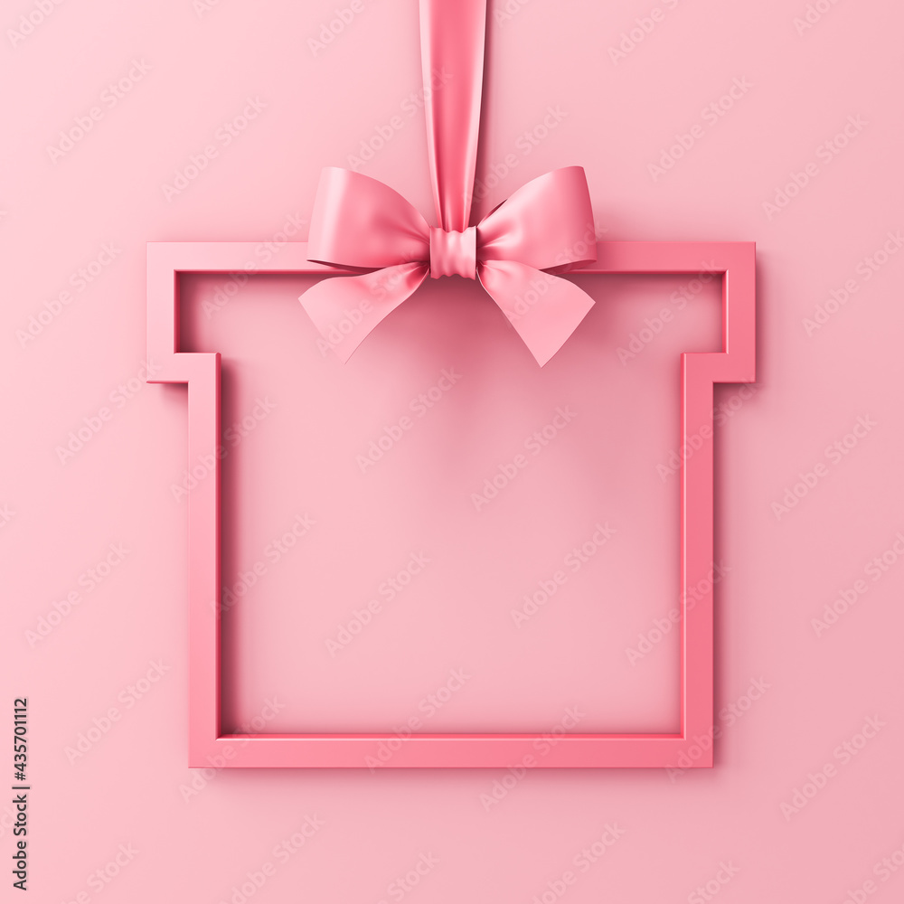 Poster sweet pink pastel color gift frame concept hanging with pink ribbon bow isolated on pink background 