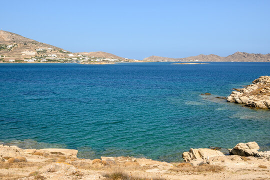 Beautiful bay with blue crystal waters in Naoussa village. Paros island, Greece