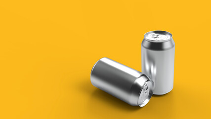 3d render aluminum beer or soda cans on a yellow background. Modern design style of minimalism. Backgrounds for kitchen interior