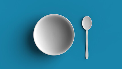 Top view of a plate and spoon on a blue background. 3D rendering of a set of cookware. Minimalist image