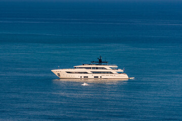 Aerial view of Luxury yacht in Tropea Sea. Tropea as a popular tourist destination in Calabria, Italy.
