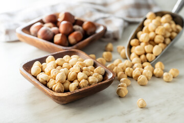 Peeled roasted hazelnut kernels.