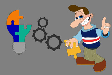 Business brainstorming man with cheeky smile finds missing piece - flat design