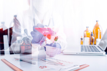 Medical technology concept The doctor works with mobile phones, headphones and tablets. Digital laptop in the modern office at the hospital in the morning