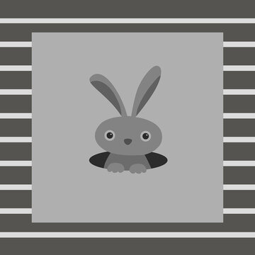 rabbit painting coming out of the hole with a gray striped background. fun picture for kids