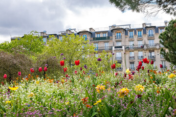 Paris, beautiful buildings, view from the coulee verte Rene-dumont in the 12th district, flowers in spring
