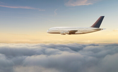 Passengers commercial airplane flying above clouds
