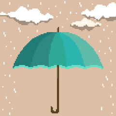 Pixel umbrella with rain and clouds. For pixel game, vector. Pixel art 8 bit
