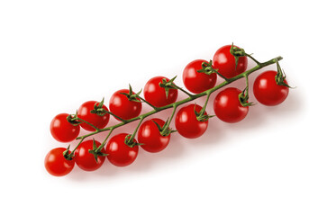 Ripe red cherry tomatoes on the vine isolated on white background. Juicy organic cherry tomatoes on a green branch close-up. Tasty vegetables, vegetarian and healthy eating. Macro.