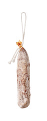 Whole spanish longaniza sausage hanging on a white rope isolated on white background. Traditional...