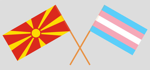 Crossed flags of North Macedonia and Transgender Pride. Official colors. Correct proportion
