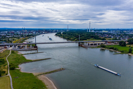 Panoramic view of the A1 motorway bridge on the Rhine near Leverkusen. Drone photography.