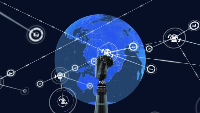 Animation of spinning globe of connections with icons and robot's hand