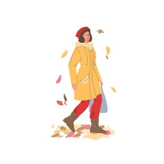 Vector flat cartoon girl character in autumn season walking outdoor in falling leaves- fashion,emotions,healthy lifestyle social concept