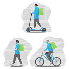 Flat design concept, Set of delivery man wearing face masks in various characters. Courier on the bike, electric scooter and walker.