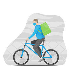 Flat design concept, a delivery man wearing face masks. Courier delivering by bicycle.