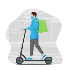 Flat design concept, a delivery man wearing face masks. Courier delivering on an electric scooter.