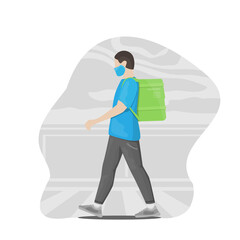 Flat design concept, a delivery man wearing face masks. Сourier delivering on foot.