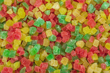 Close up photo of candied fruit. Top view high resolution macro photo.