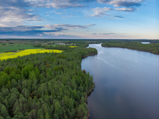 The lakes and forest. National park in Belarus. Vitebsk region. Drone aerial photo