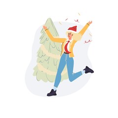 Vector cartoon flat character rejoice,Merry Christmas and Happy New Year celebration with xmas tree - holiday celebrating,emotions,social concept