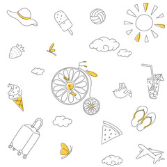 Seamless pattern with summer doodle elements. Sun, retro bicycle, ice cream.