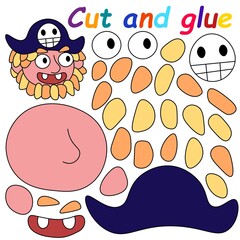 Cut and glue - educational paper game for kids vector illustration. Funny cartoon pirate character colorful worksheet for homemade collage. Make your own pirate - cut all details and glue it on paper