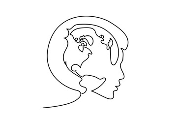 Happy woman holding the globe in her head, peace on earth concept, care about Earth logo