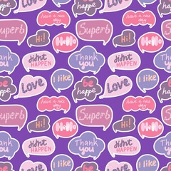 Vector Q pattern with clouds and hearts with inscriptions. Colorful fashion letters of different shapes. Seamless pattern for printing on fabric.