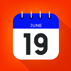 June day 19. Number nineteen on a white paper with blue color border on a orange background vector.