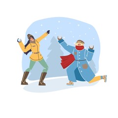Vector flat cartoon characters in winter season outdoor playing snowballs - fashion,emotions,healthy lifestyle social concept