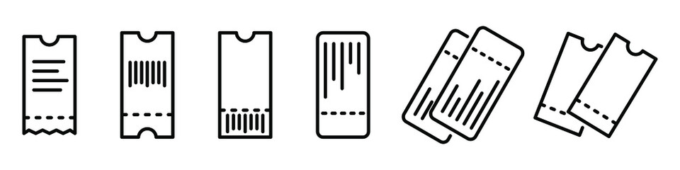 Ticket icon. Set of ticket icons. Vector illustration. Linear icons of ticket. Travel concept