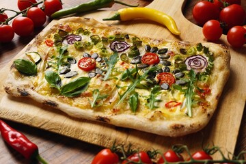 Creative pizza slice: Flower Garden with vegetables, pumpkin seeds, green onion, Hollandaise sauce and hot chili. - 435708103