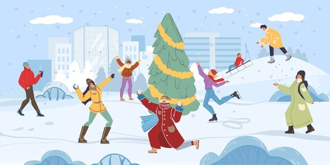 Flat cartoon family characters doing winter outdoor activities - sporting,shopping,playing snowballs in snow weather - merry christmas,happy New Year holiday celebration concept