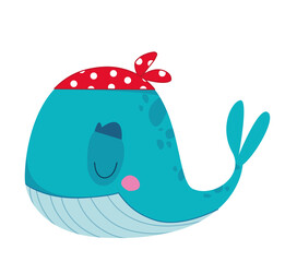 Funny pirate whale in a red bandana. Vector illustration of a character in a cartoon children s style. Isolated funny clipart on a white background. Boy print cute
