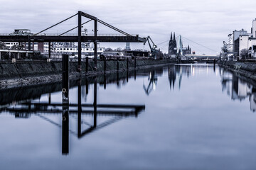 The small Deutzer Hafen in Cologne with a view of Cologne Cathedral, Germany.