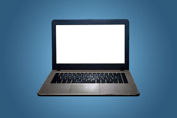 Laptop with blank screen on blue gradient background.