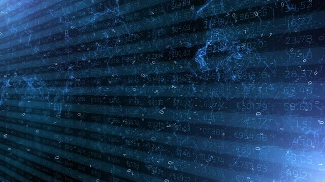 Abstract blue business data chart with binary code motion glowing and light flashing animation background.