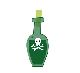 Poison bottle on white background, vector. Green bottle with pirate rum. Isolated clipart cartoon