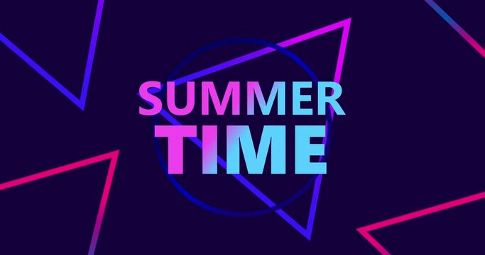 Summer time moving animated text. Gradient triangles in the style of the 80s. Neon colors. Horizontal composition, 4k video quality