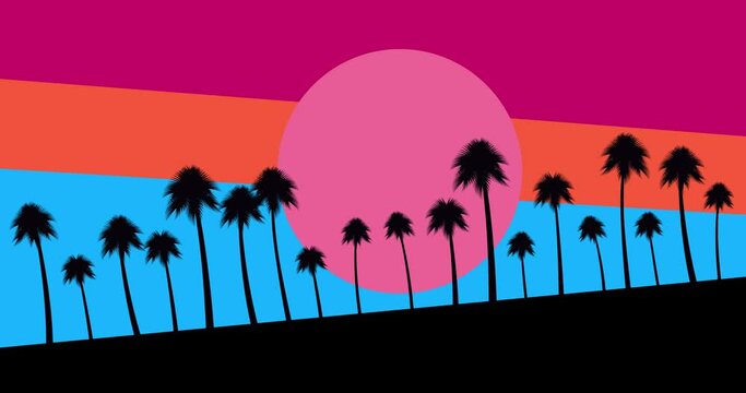 Palm trees on a sunset background. Animated palms in a flat style. Tropical landscape. Horizontal composition, 4k video quality