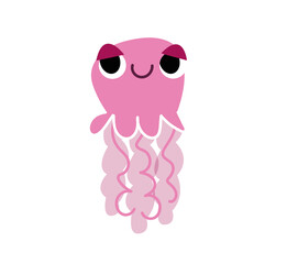Pink jellyfish with a cute smile. Vector illustration of a character in a cartoon children s style. Isolated funny clipart on a white background. Marine print kids