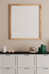 Fototapeta na wymiar Blank framed print on white wall in beautiful danish styled interior room