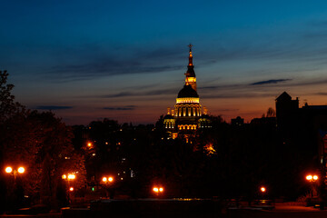 View of illuminated Annunciation cathedral at night in Kharkov, Ukraine